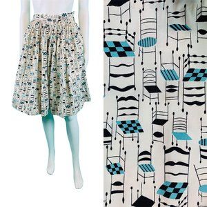 Vintage 1950s Chair Novelty Print Skirt Blue Black Child Size Full | W 21"